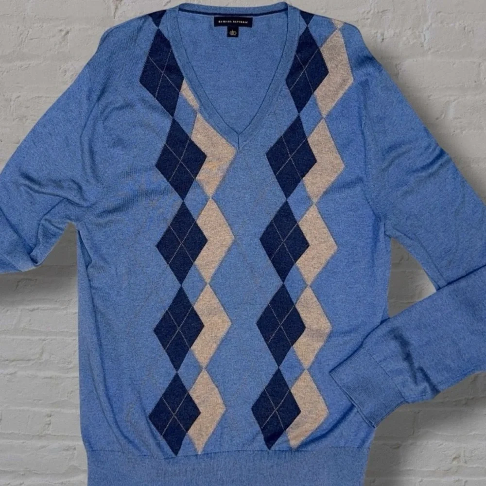 Banana Republic Men’s Silk Cashmere Blend Argyle V-Neck Sweater Blue Size L